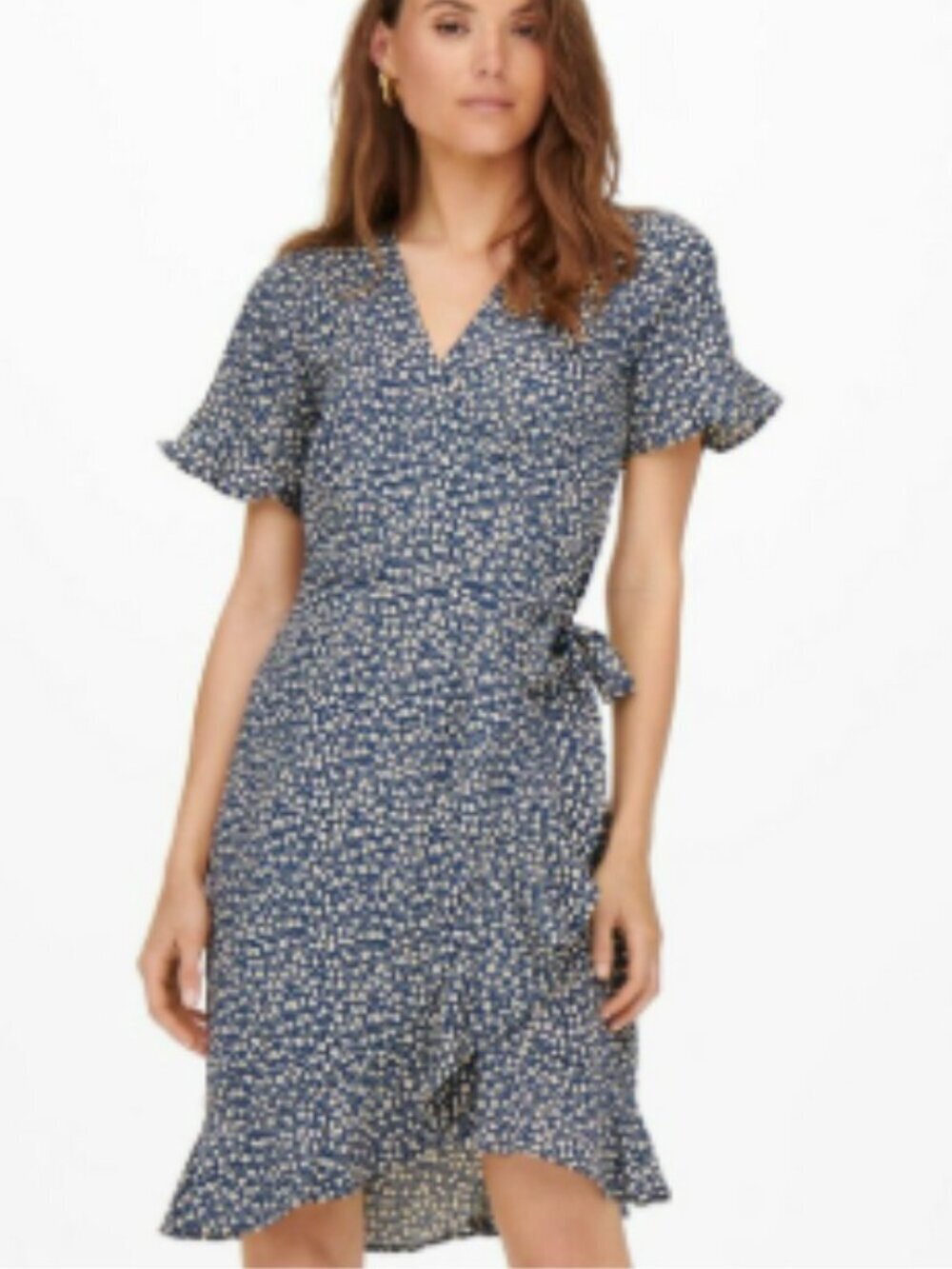 ONLY Women's Size 38 Olivia Short Sleeve Wrap Dress Blue White Floral Flutter